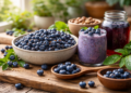 Wild Alaskan blueberries for brain health and anti-aging with fresh berries smoothie and natural ingredients