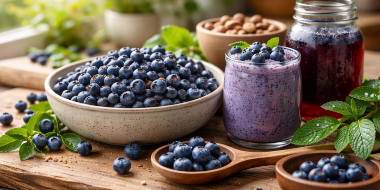 Wild Alaskan blueberries for brain health and anti-aging with fresh berries smoothie and natural ingredients