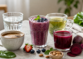 Healthy drinks for brain health including water, green tea, coffee, berry smoothies and beetroot juice