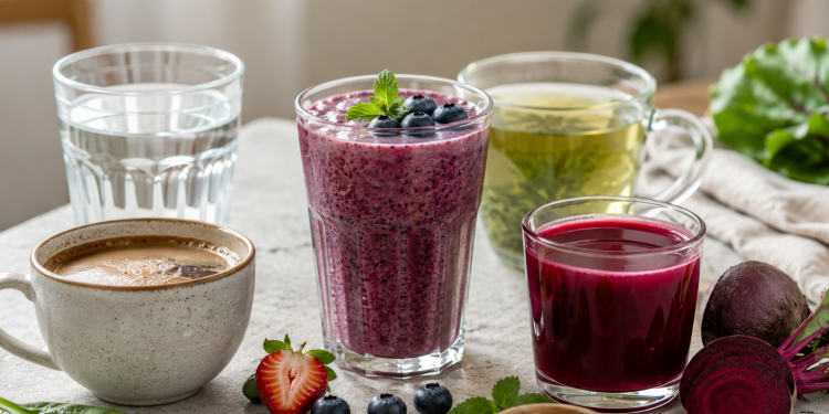 Healthy drinks for brain health including water, green tea, coffee, berry smoothies and beetroot juice