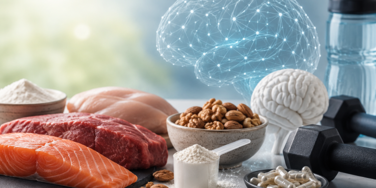 Creatine-rich foods including salmon, beef and tuna with an active lifestyle supporting cognitive performance