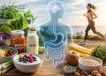 Healthy digestive system with probiotic foods, vegetables and a healthy lifestyle supporting gut health and brain health