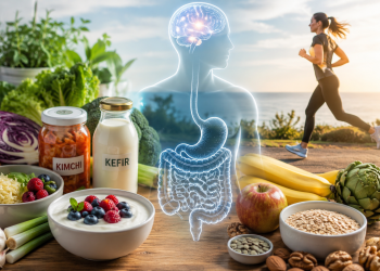 Healthy digestive system with probiotic foods, vegetables and a healthy lifestyle supporting gut health and brain health