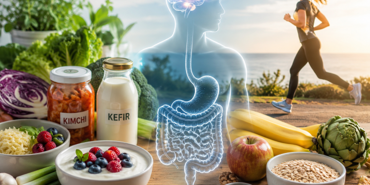 Healthy digestive system with probiotic foods, vegetables and a healthy lifestyle supporting gut health and brain health