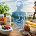 Healthy digestive system with probiotic foods, vegetables and a healthy lifestyle supporting gut health and brain health