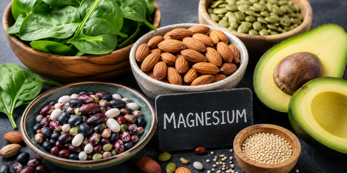 Magnesium-rich foods including spinach, almonds, pumpkin seeds, beans and avocado supporting brain health
