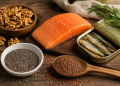 Omega-3 for brain function with salmon, sardines, walnuts, chia seeds and flaxseed