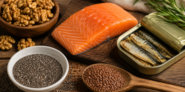 Omega-3 for brain function with salmon, sardines, walnuts, chia seeds and flaxseed