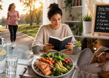 Healthy daily habits that improve memory including reading, walking, hydration, nutritious meals and quality sleep