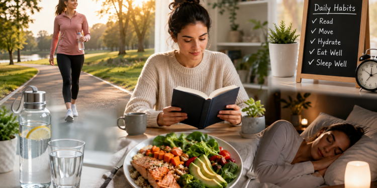 Healthy daily habits that improve memory including reading, walking, hydration, nutritious meals and quality sleep